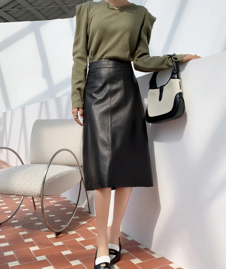 Женская юбка из натуральной овечьей кожи средней длины с высокой талией 2024