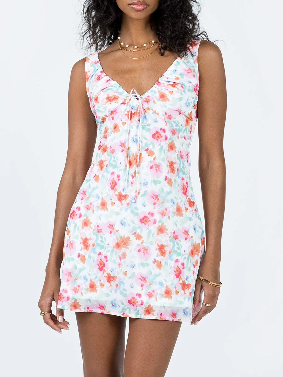 

Мини-платье женское летнее облегающее без рукавов с цветочным принтом и V-образным вырезом