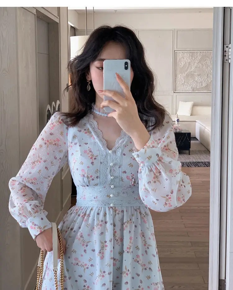 

French Vintage Floral Dress Women Long Sleeve Patchwork Party Fairy Midi Dress Female 2022 Spring Elegant Princess Korean Dress