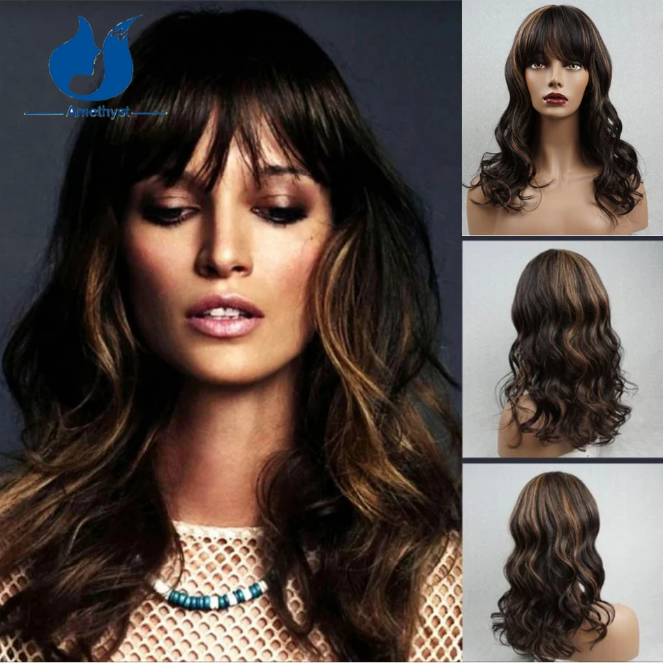 Парик из натуральных волос с аметистовой волной и челкой для женщин полностью