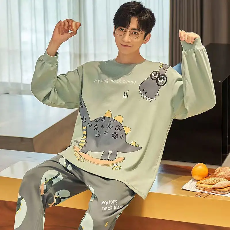 Spring Autumn Pajama for Men Nightwear 2pcs Casual Homesuit Long Sleeves Cartoon Dinosaur Printed Pijama for Young Man Leisure