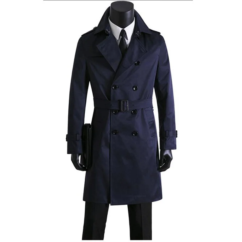 

Korean Men'S Trench Coat Spring And Autumn Plus Fertilizer Long Young And Middle-Aged Double-Row Blue Abrigos Jaqueta Masculina