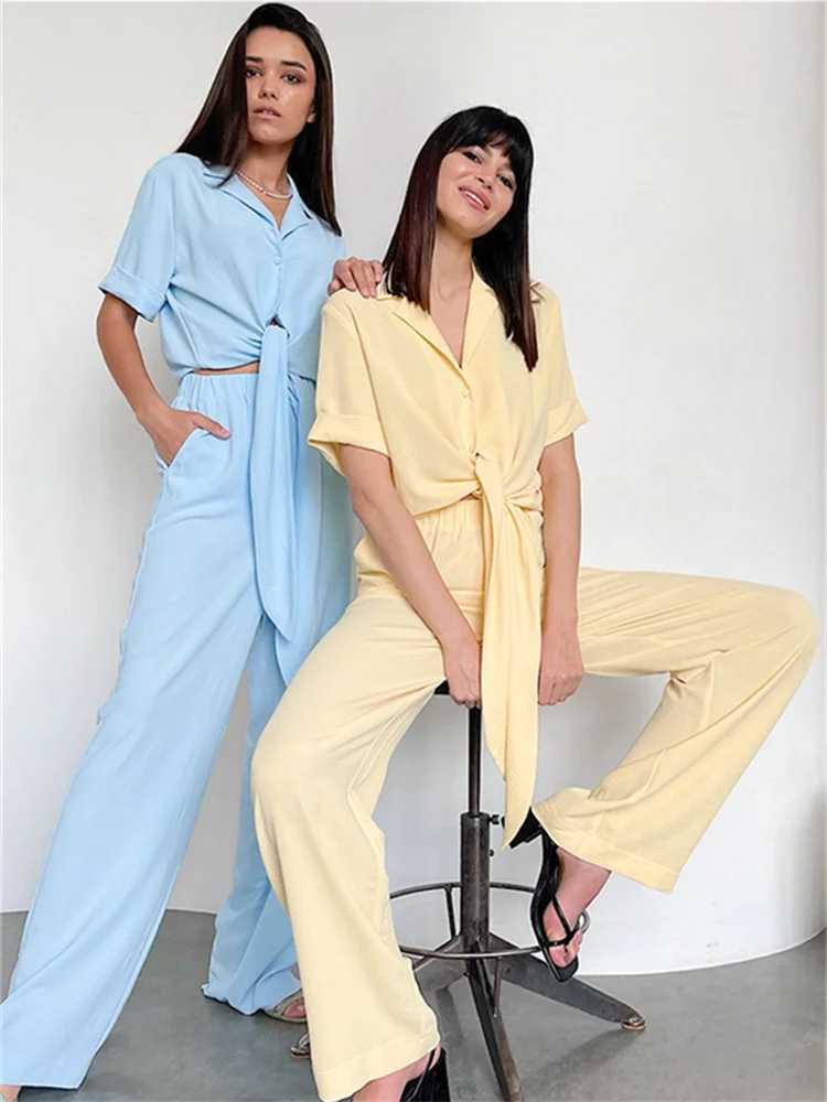 

2022 Summer New French Ins Casual Fashion Shirt Bow Set High Waist Pants Women's Wear Female Set of Two Fashion Pieces for Women