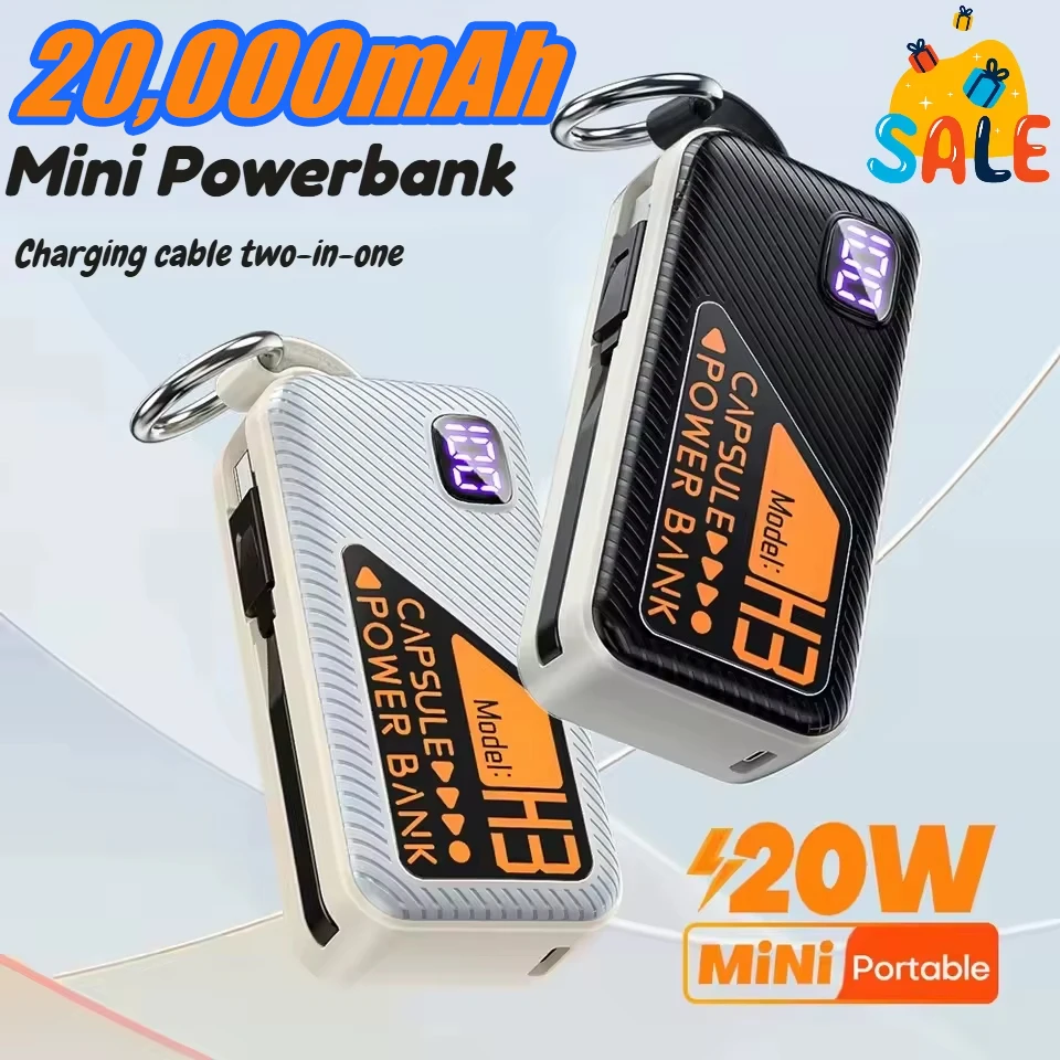 Фото Mini Power Bank 20000 мАч Встроенный кабель PD 20 Вт Портативное зарядное устройство Быстрая зарядка для IPhone13 14 15 Внешний аккумулятор Samsung Xiaomi №1