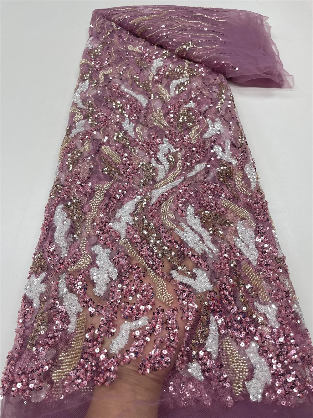 

New Onion Pink Luxury African Sequins Lace Fabric 2023 French Net Sequence 3D Embroidery Nigerian Party Gold Line Material