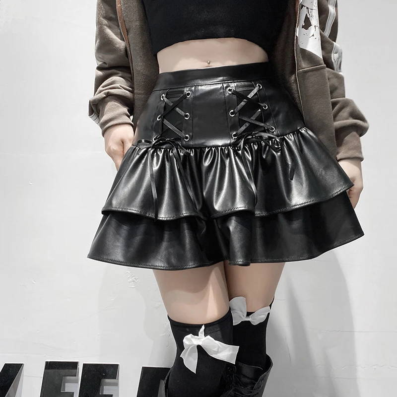 

Harajuku Punk Pu Leather Mini Skirts Streetwear Women Dark Black Cloth Skirt Hight Waist Lace Up Bandage Black Pleated Skirts