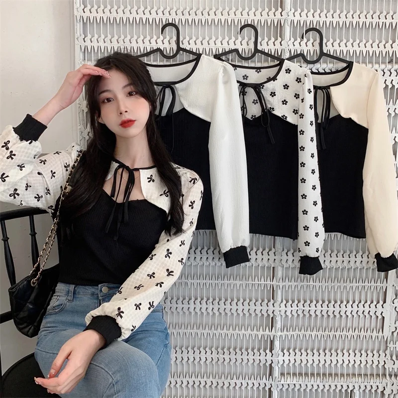 

Shirts Women's Colorblock Bow Tie Tops Women's Sweet Versatile Round Neck Pullovers