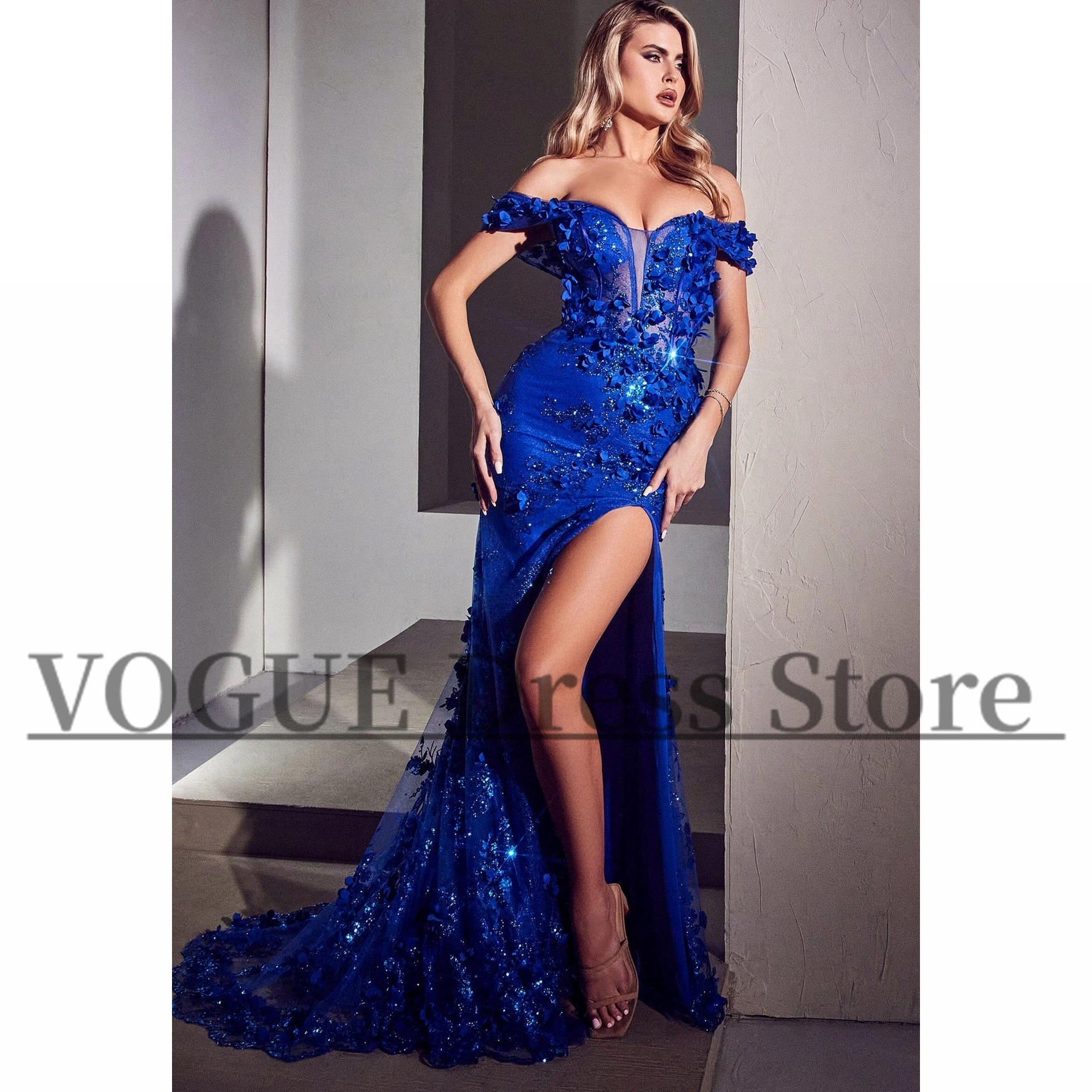 

VD Sparkly 3D Florals Prom Dresses Split for Wedding Floor Length Off Shoulder Appliques Formal Dress Mermaid vestido de gala