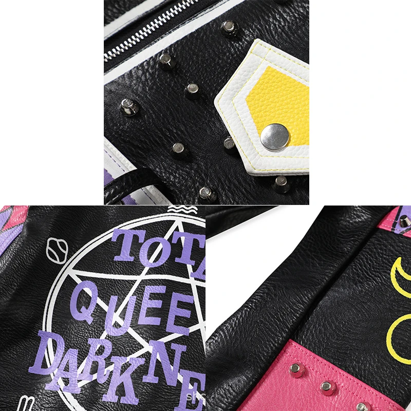 Punk Studded Biker Jacket Women Short Slim-fit 2023 Trend Streetwear Contrast Color Stitched Faux Leather Printed Leather Jacket