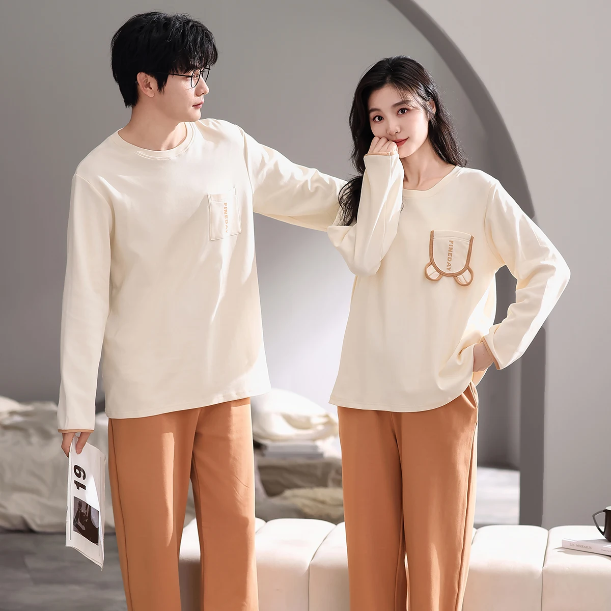 Новейший весенне-осенний пижамный комплект для пар пижама из 100% хлопка с длинным