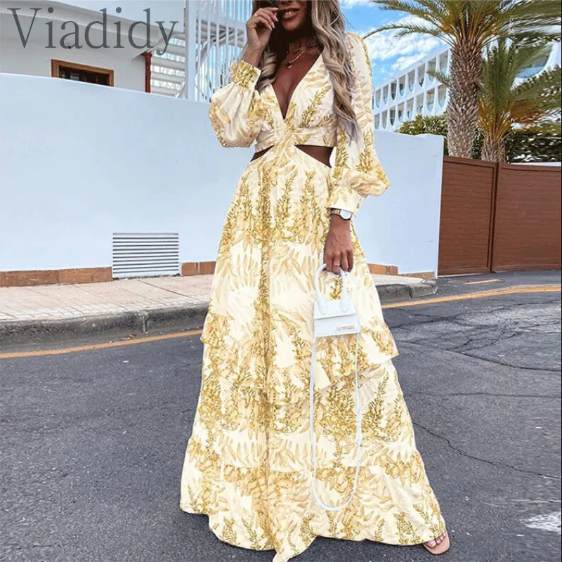 

Women Casual Print Deep V Neck Lantern Sleeve Cut Out Waist Backless Big Swing Maxi Dress