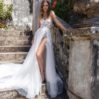 boho sweetheart tulle beach wedding dress lace applique sleeveless high split bride gown shiny a line court train robe de mari%c3%a9e