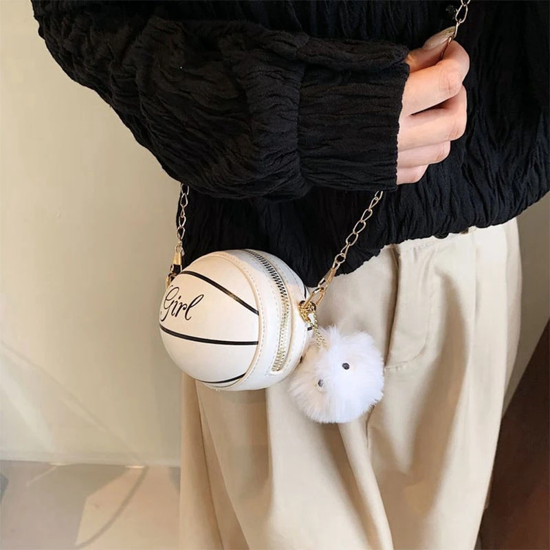 Basketball Round Tote Chain Shoulder Crossbody Bag Fashion Girls Purse Personality Ball Bag For Holiday Travel Streetwear