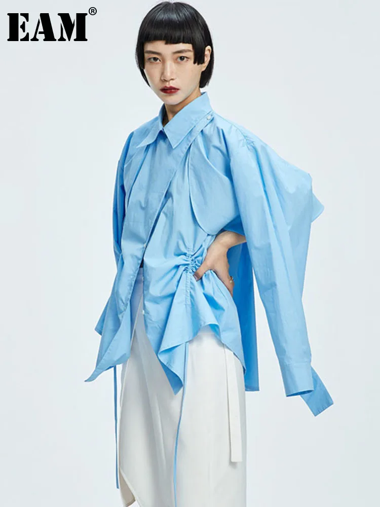 

[EAM] женская синяя Асимметричная блузка большого размера, новая свободная рубашка с отворотом и длинным рукавом, модная весенне-осенняя 2023 ...