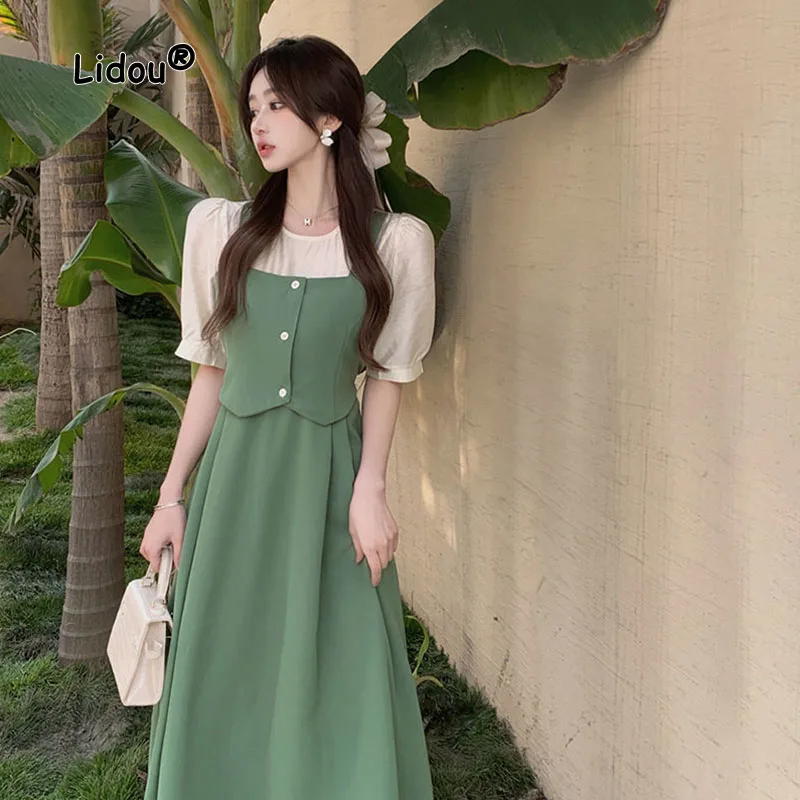 

Button Comfortable Popularity Wild Dresses O-neck Mid-calf Casual Patchwork Empire Pullover Summer Women's Clothing Short Sleeve