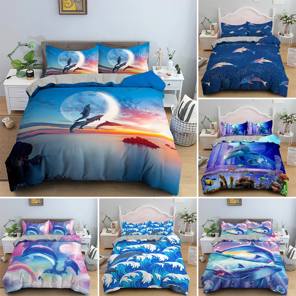 

Cartoon Animal Dolphin Bedding Set 2/3pcs Ocean Theme Quilt Cover With Pillowcase Single Double Full Size For Kids Bedroom Gifts
