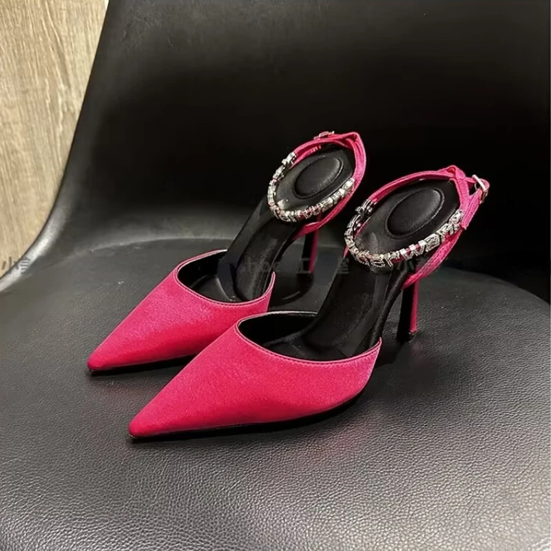 Women's Sandals  Spring/Summer New Fashion Banquet Rhinestone Letter Buckle Baotou High Heel Pointy Sexy Thin Heel Hollow Shoes