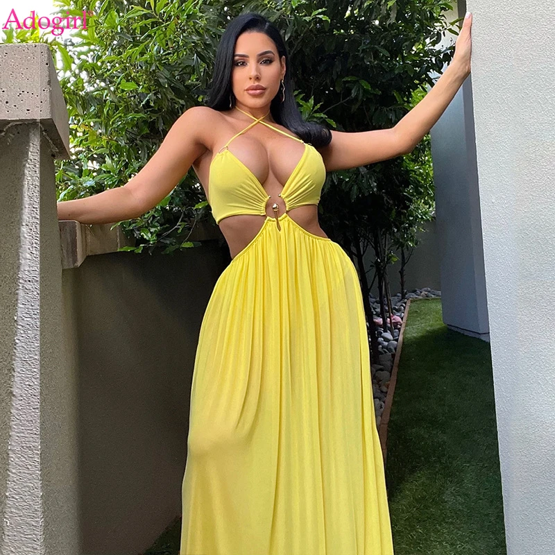 

Adogirl Summer Maxi Dress Women Sexy Metal Ring Hollow Out V Neck Lace Up Halter Backless Long Party Robe Casual Beach Outfits