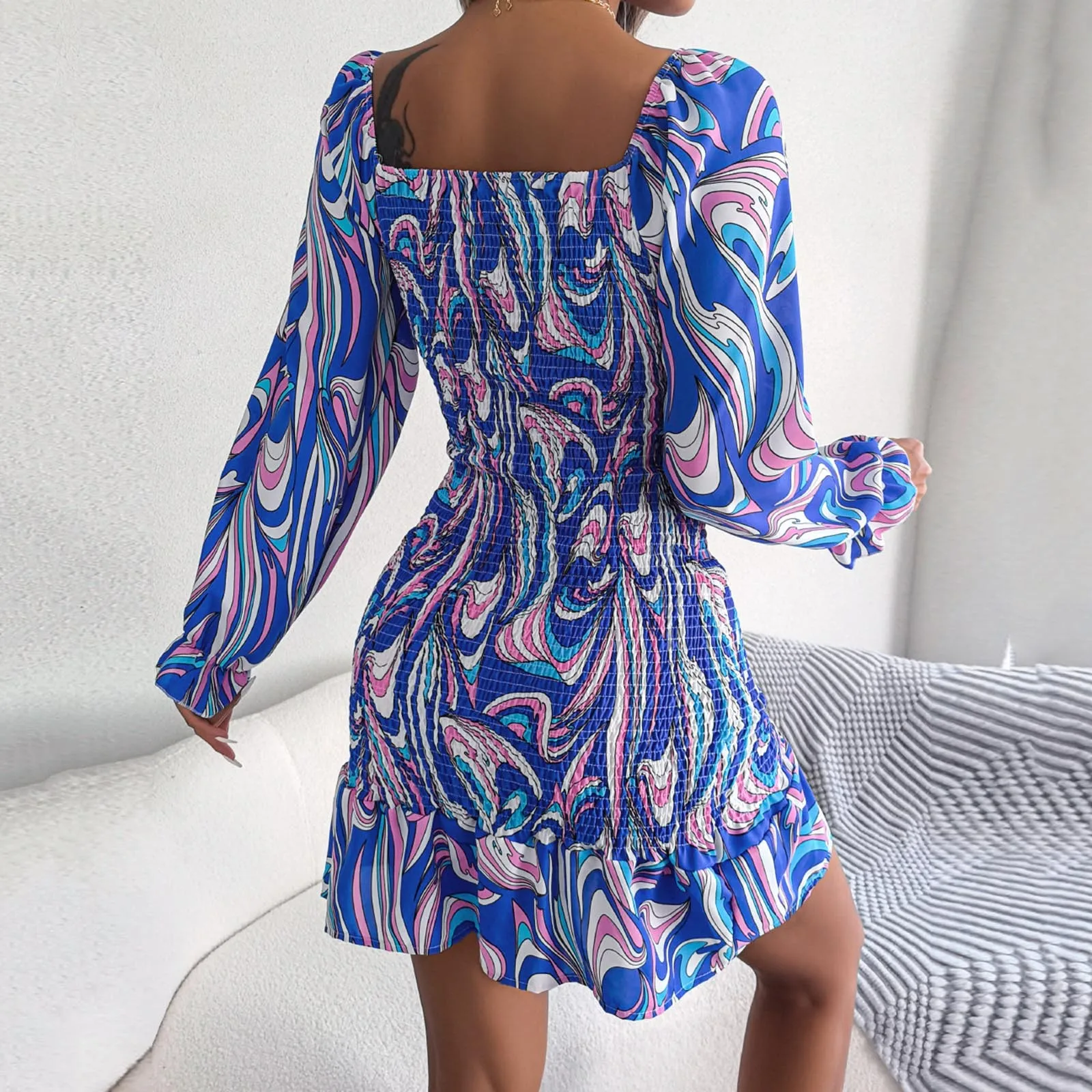 

Women Boho Square Neck Casual Dress Long Sleeve Tie Back High Summer Straps Dress Maxi Dress Tight Fit Dresses