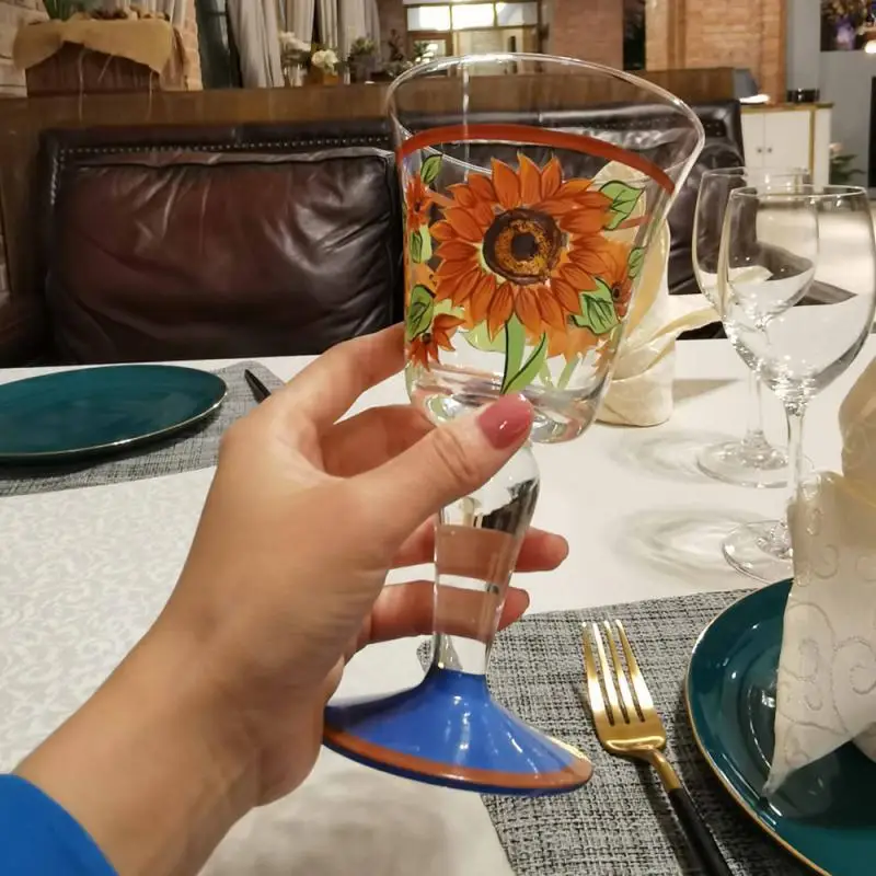 

Flower Hand-Painted Glass Cup Goblet Vintage Collection Crystal Red Wine Cup Home Bar Wine Set Party Wedding Birthday Gift