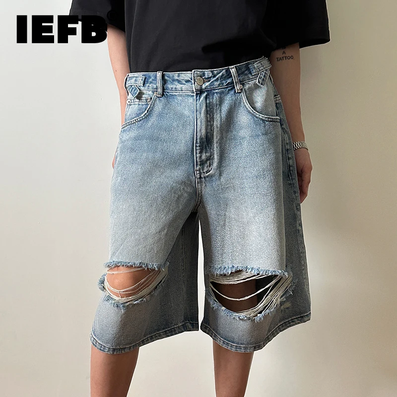 

IEFB vintage broken hole jean shorts trend men's distressed denim short baggy pant male loose wide leg street trousers 9C1125