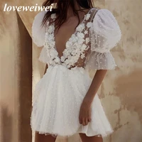 short wedding dresses plunging v neck half sleeves pearls flowers mini bride dresses sexy backless illusion formal wedding gowns