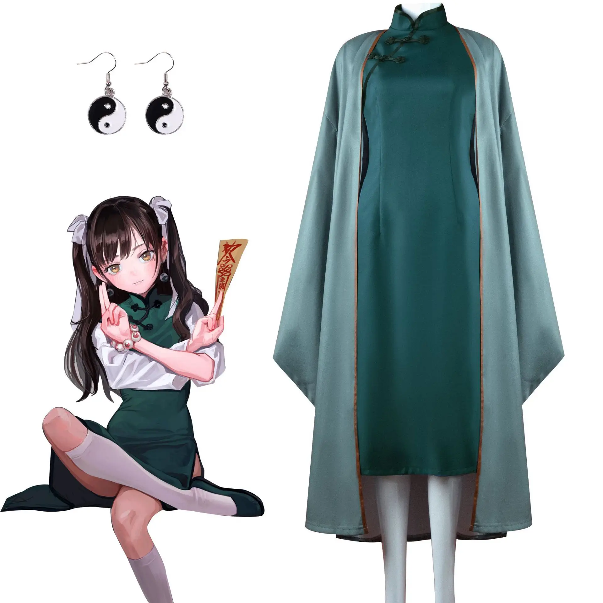 

YAOZHI экзорцист девушка косплей костюм FKEY квадратный элемент Китайский костюм гандикап Ретро Зеленый сексуальный Чонсам Шелковый женский