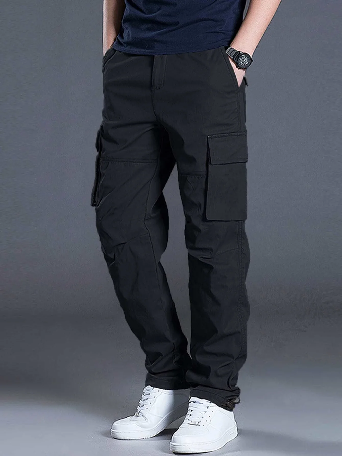 Men's clothing Men cargo pants  Flap Pocket Side Drawstring Waist Cargo Pants