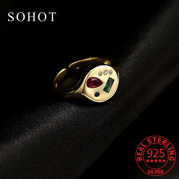 

Real 925 Sterling Silver Zircon Geometric Adjustable Ring for Charm Women Party Fine Jewelry Minimalist Accessories