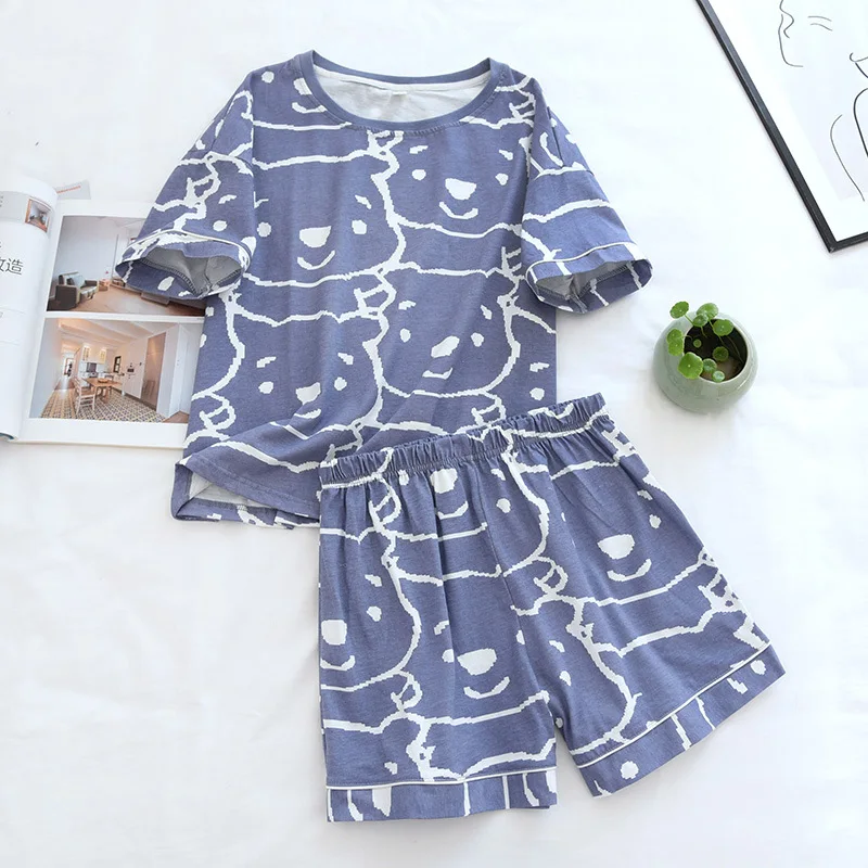 Pajamas for Women Summer Short Sleeve Shorts Suit Cotton Thin Brief Strokes Bear Crew Neck  Nightwear Simple Leisure Home Sleep