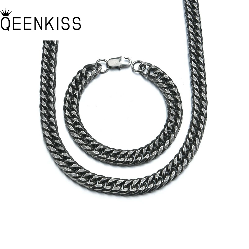 

QEENKISS JS821 Wholesale Man Father Party Birthday Wedding Gift 10mmChain Titanium Stainless Steel Necklace+Bracelet Jewelry Set
