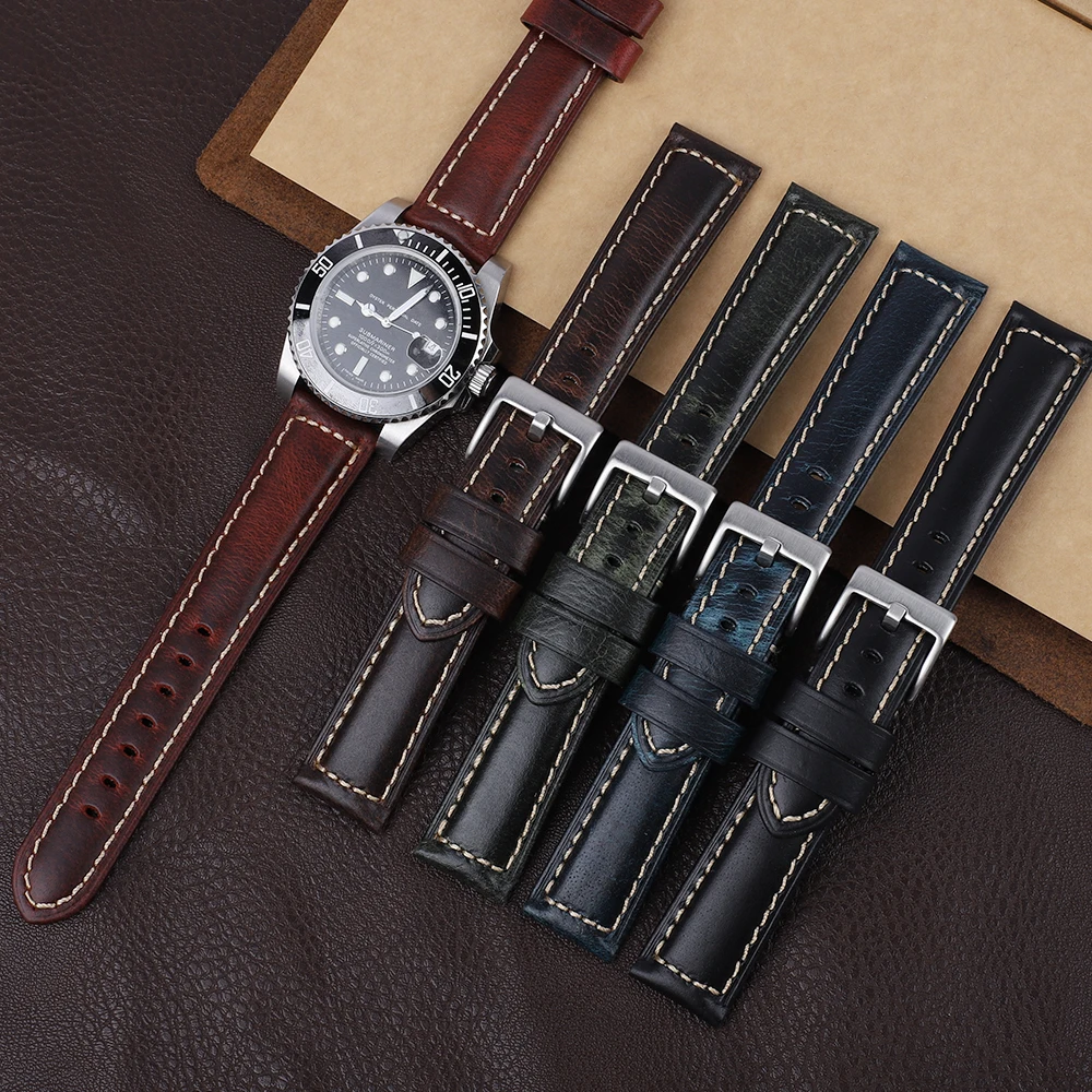 

Crazy Horse Genuine Leather Watch Strap 18mm 20mm 22mm 24mm Hand-stitched Watchband for PAM Vintage Strap Accessories