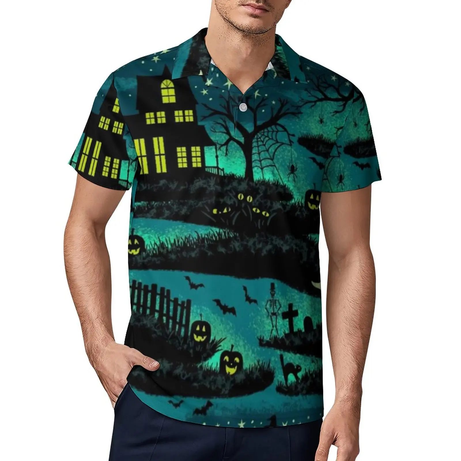 

Black Cat Polo Shirt Man Magical Halloween Night Casual Shirt Date Trendy Turn Down Collar T-Shirts Short Sleeve Polo-Shirts