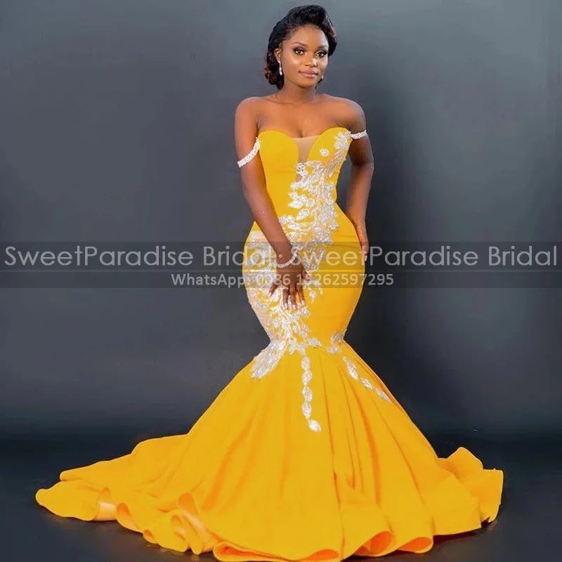 

Потрясающее Вечернее Платье-Русалка с аппликацией, с открытыми плечами, с длинным шлейфом, золотистое, желтое атласное Пышное Платье, для ве...