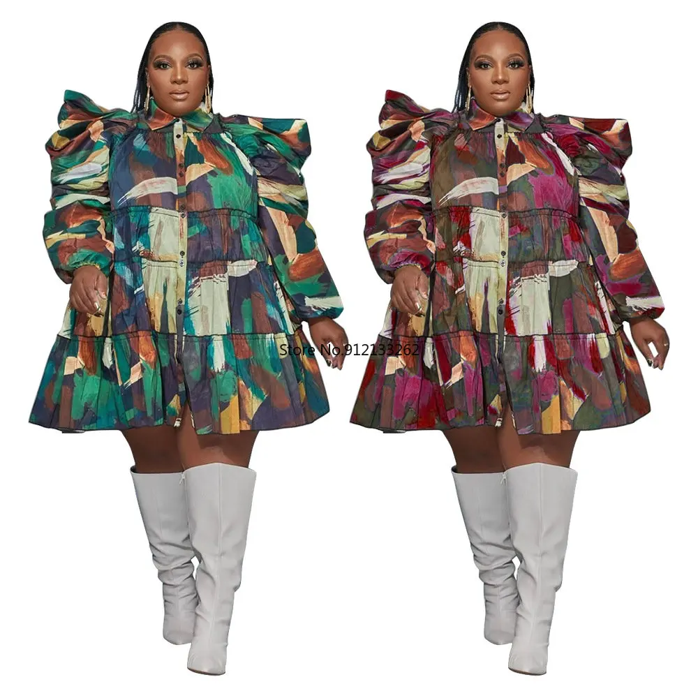 

L-4XL африканские платья для женщин, Осеннее Африканское женское платье-рубашка с длинным рукавом и принтом, зеленое, красное, из полиэстера, а...