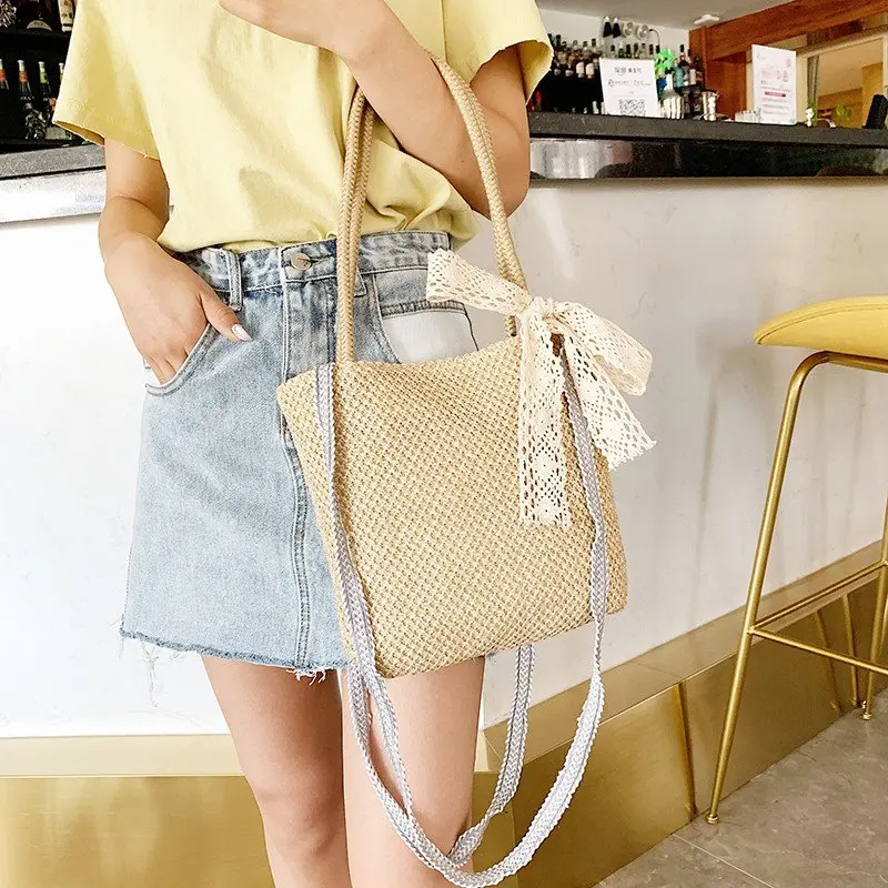 

Retro Beach Summer Straw Rattan Raffia Woven Women Capacity Bag for Women Brands 2022 Lace Bow Cute French Casual Simple Design
