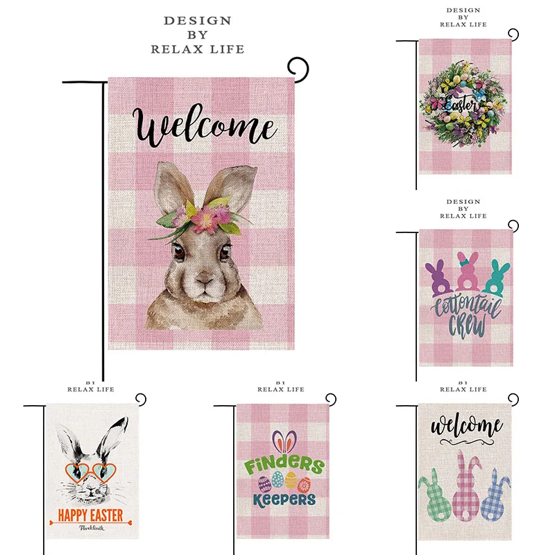 Easter Fabric Easter Rabbit Hanging Welcome Yard Flags Garden Outdoor Decor For Home Decoration Accessories Happy Easter Banner