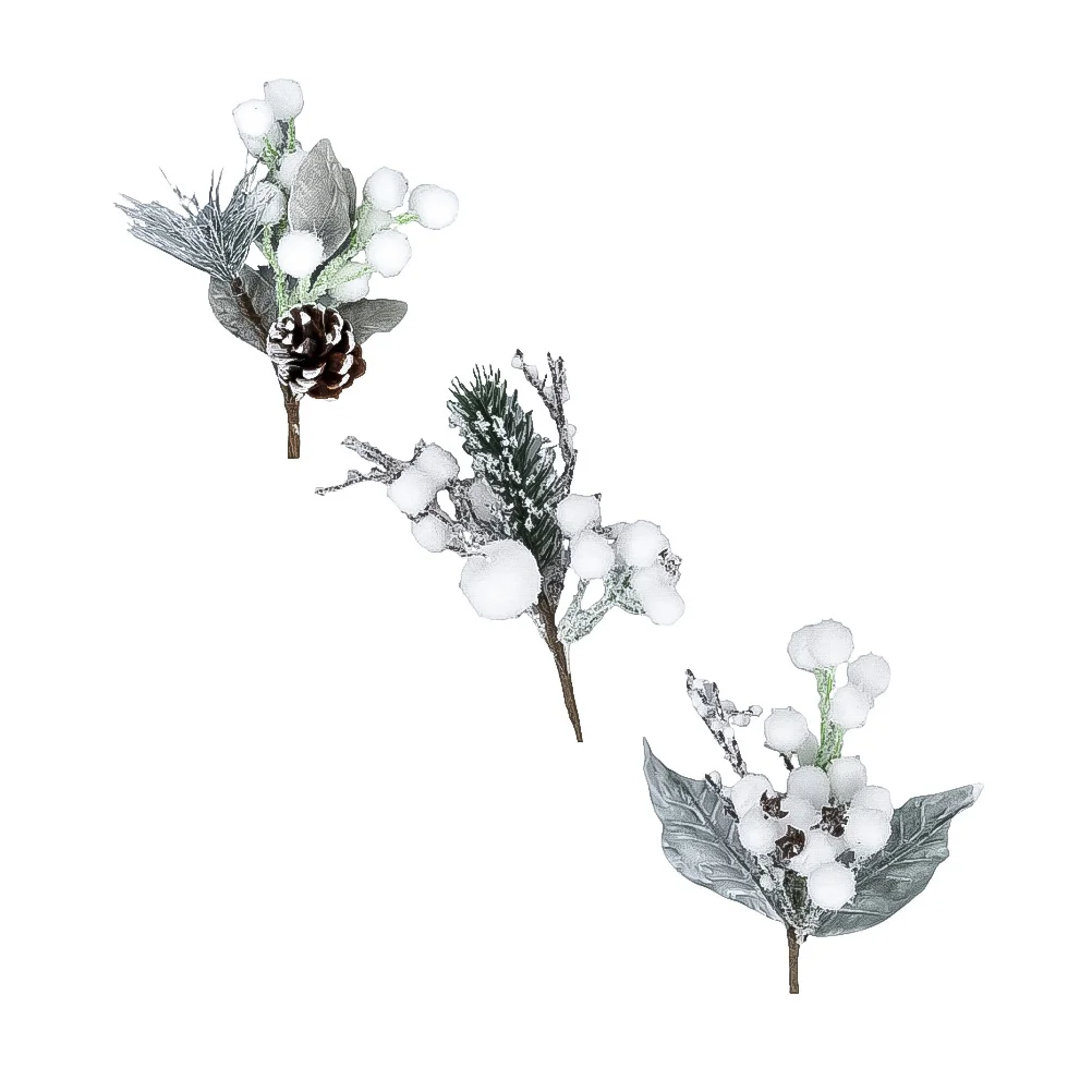 

3PCS Christmas Pine Pick Berry Sprigs Twigs Xmas Wreath Decor Christmas Tree Filler Fake Cotton Stems