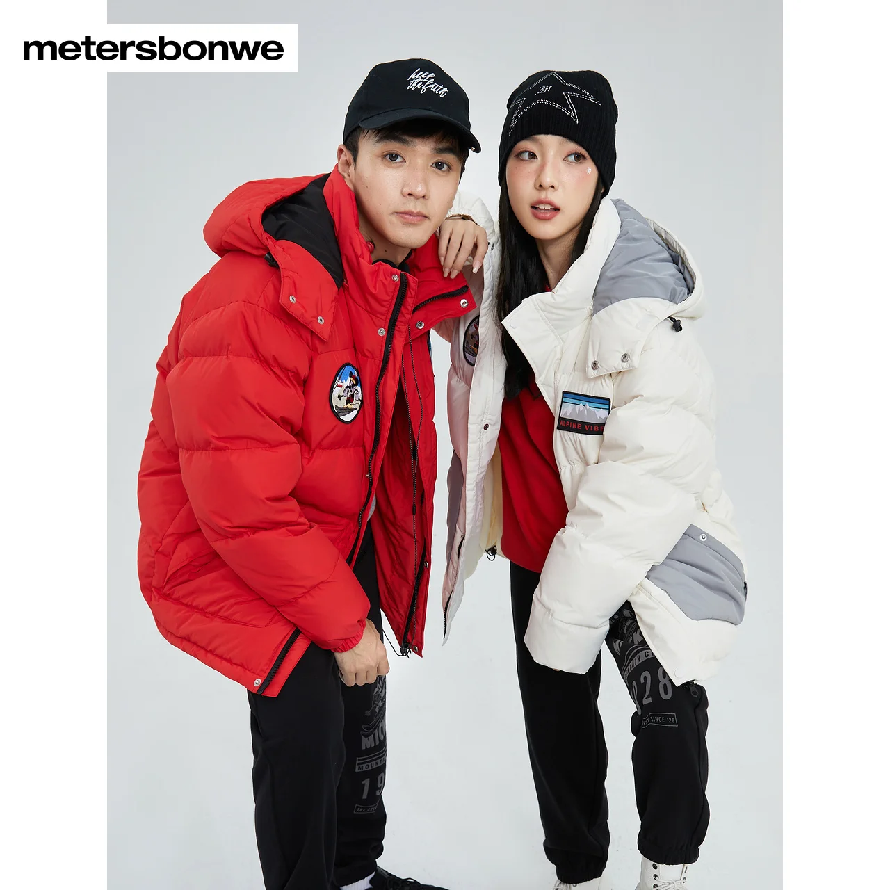 Metersbonwe Women's 22New Winter Ski Style Windprrof Hooded Down Jacket Cartoon Patched Eiderdown Top  Loose Thick Warm Wear