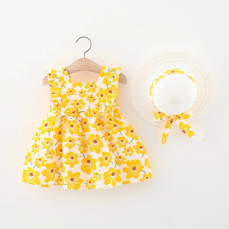 Summer Outfit Toddler Girl Dresses Korean Fashion Cartoon Cute Print Cotton Baby Princess Dress+Sunhat Newborn Clothes Set BC002 images - 6