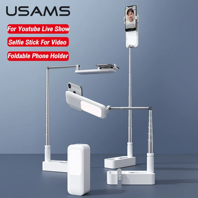USAMS Phone Holder Selfie Fill Light For Video Conference Youtube Live Portable Stand Holder For iPhone 14 Pro Max Xiaomi Huawei