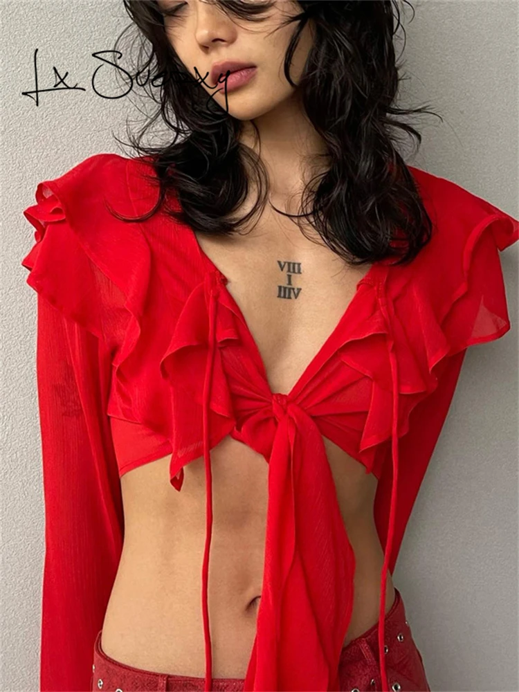 

Lx Suerxy Sexy O Neck Y2k Sheer Bandage Oversized Corset Women Tops Summer Long Sleeve Coquette Streetwear Woman T-shirts