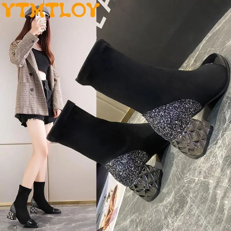 

2021 New Elastic Boots Women Spring And Autumn Fashion High-heeled Short Boots Mid-tube Boots Pointed Mid-tube Single Boots