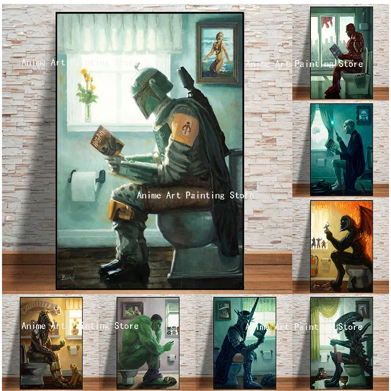 

Star Wars Marvel Superhero Poster Boba Fett Iron Man Bathroom Wall Decor Hulk Captain America Toilet Canvas Painting Home Decor