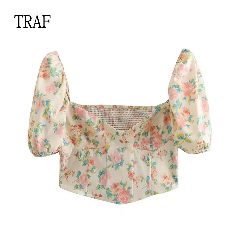 

TRAF Women Top 2022 Summer Fashion Print Short Shirt Lady Short Puff Sleeve Vintage Top Woman Elastic Back Chic Tops