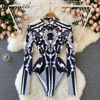 printed sexy slim fit stand collar long sleeve jumpsuit ladies 2022 summer new fashion high waist skinny jumpsuit for women