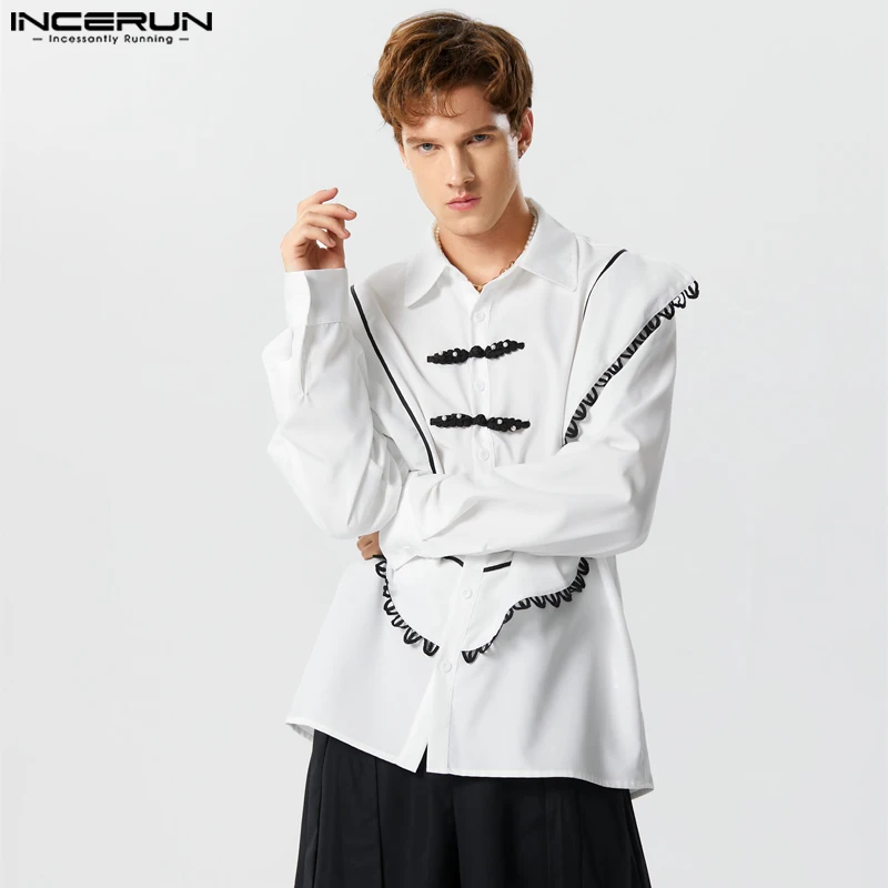 

Красивые хорошо облегающие Топы INCERUN, новые мужские рубашки с оборками и кружевом в стиле пэчворк, Повседневная Уличная одежда, свободная блузка с длинным рукавом, женская