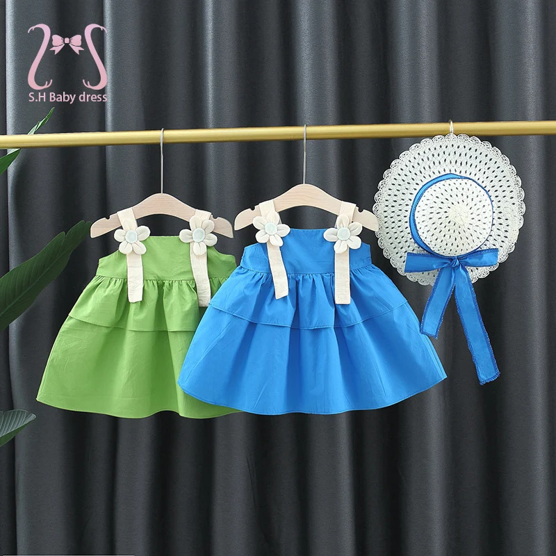 

2pcs Baby Girl Dresses Summer Simple Solid Color Flower Toddler Dress For Girls Fashion Newborn Children's Clothes Set Send Hat
