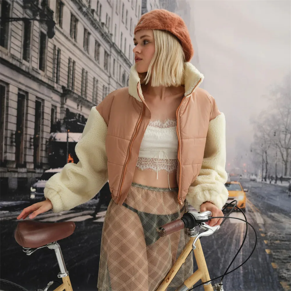 

2023 Autumn Winter Zipper Lamb Wool Patchwork Cotton Coats for Women Streetwear Tops Fashion Stand Collar Warm Jackets Parkas
