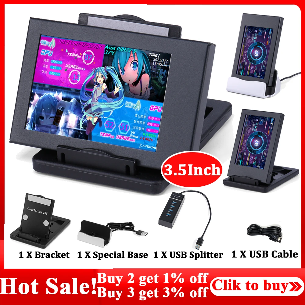 

IPS Computer Monitor for AIDA64 3.5Inches Computer Secondary Screen CPU GPU RAM HDD LCD Display 360° Rotation for AIDA64 Desktop